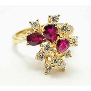 Elegant 14K Karat Solid Yellow Gold Designer Pear Ruby & Diamond Ring Size 6.25